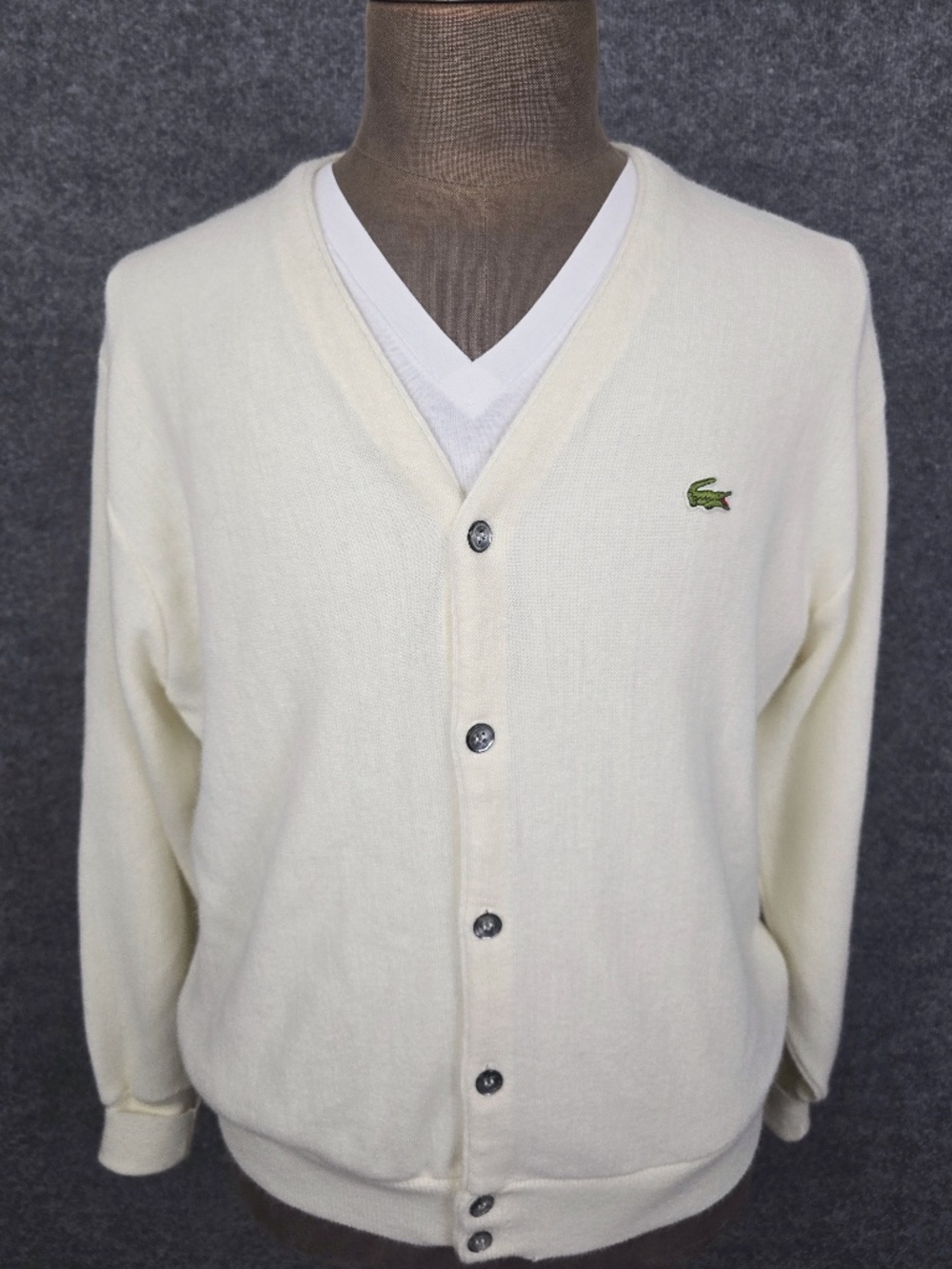 VTG 70s 80s Izod Lacoste Orlon Acrylic Cardigan Sweater Cream White Large USA